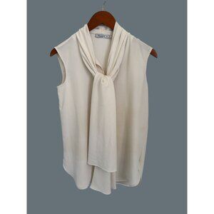 M.M. Lafleur Sleeveless Ivory Blouse With Tie Neck XS 100% Polyester Elegant & V